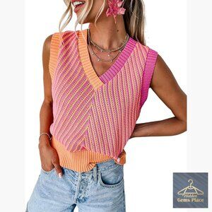 Sleeveless V-Neck Sweater Vest Pullover Knitted Chevron Casual Fall Top